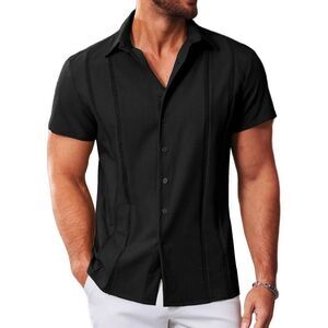 Men's Button Down Shirt Casual Short Sleeve Dress Shirts Black Beach S Small New